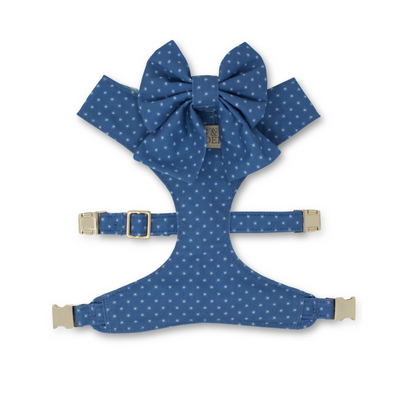 blue star print reversible dog harness + blue star print sailor dog bow