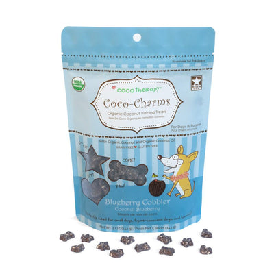Coco Therapy Blueberry Cobbler Coco-Charms dog treats in pouch with treats in front