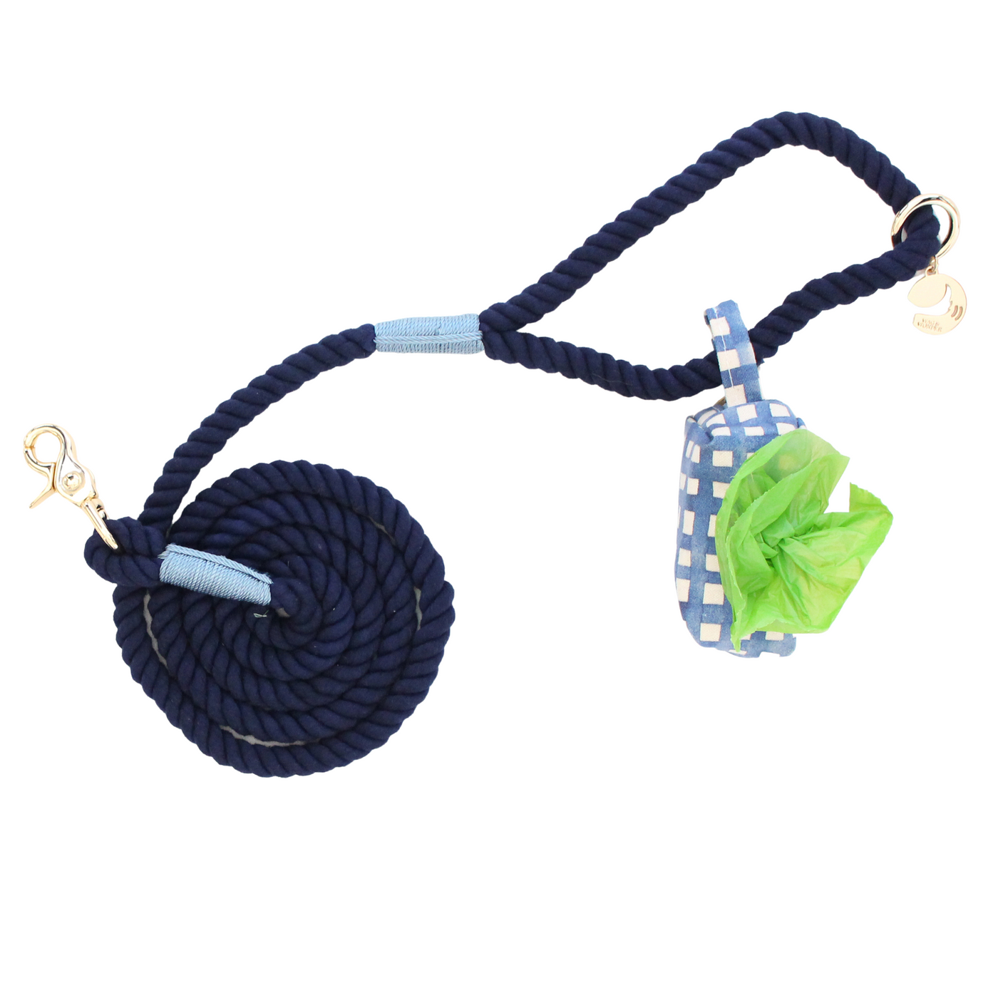 Midnight Rope Dog Leash + Navy Watercolor Plaid Waste Bag Holder