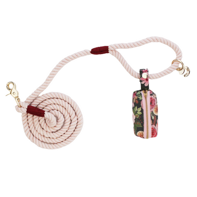 Soft Berry Rope Dog Leash + Mulberry Bouquet Waste Bag Holder