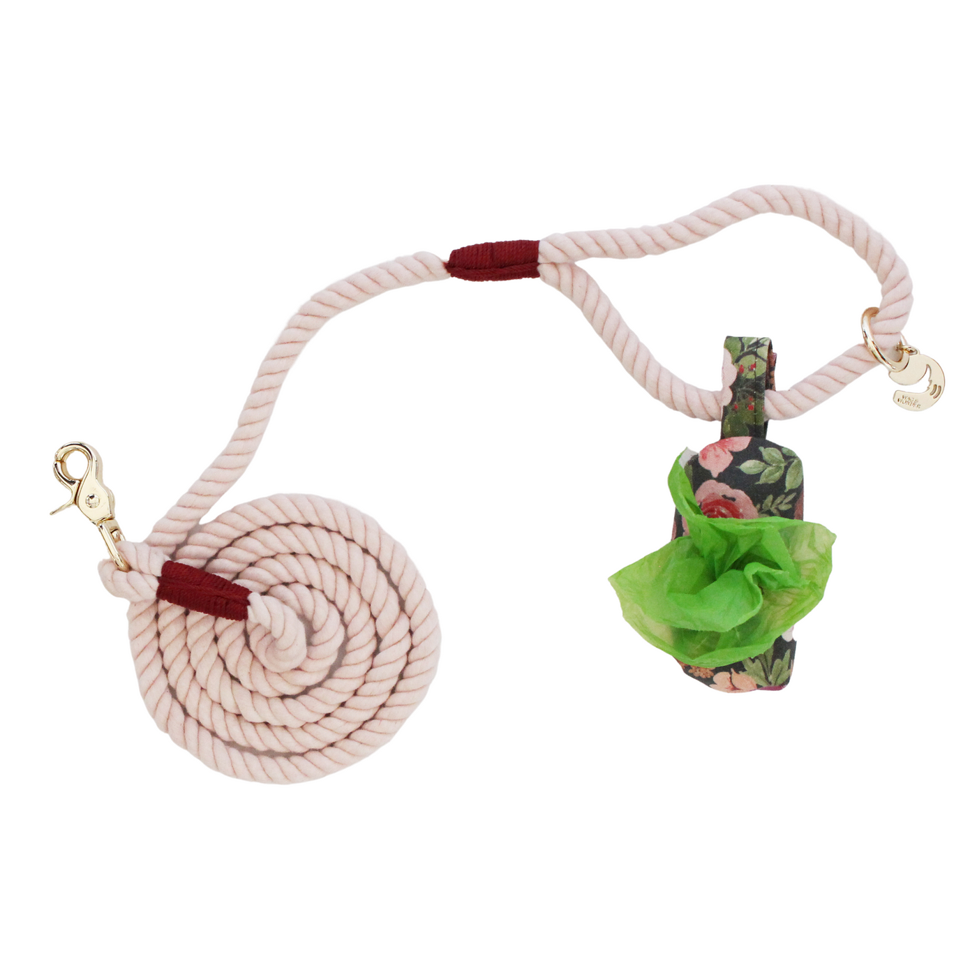 Soft Berry Rope Dog Leash + Mulberry Bouquet Waste Bag Holder