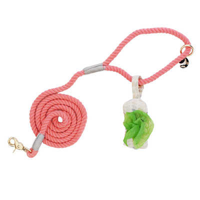 Spiced Coral Rope Dog Leash + Arctic Sky Waste Bag Holder