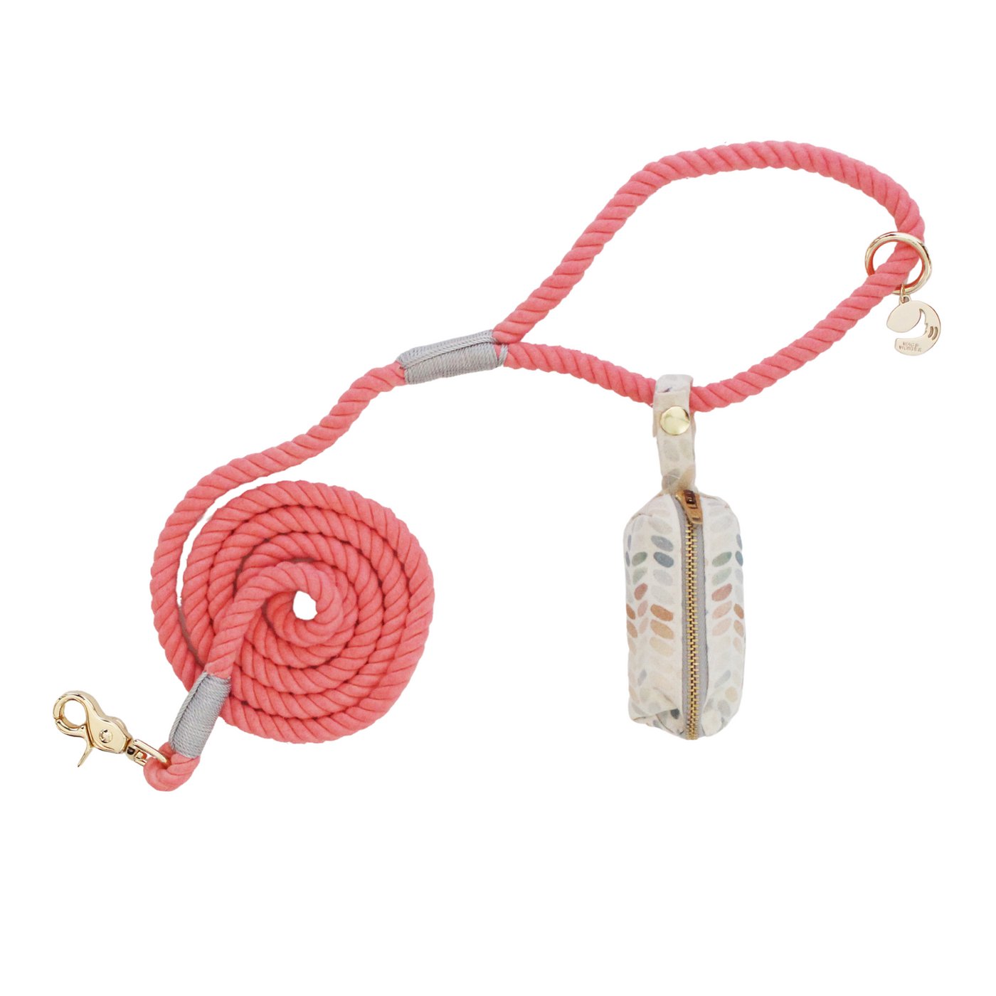 Spiced Coral Rope Dog Leash + Arctic Sky Waste Bag Holder